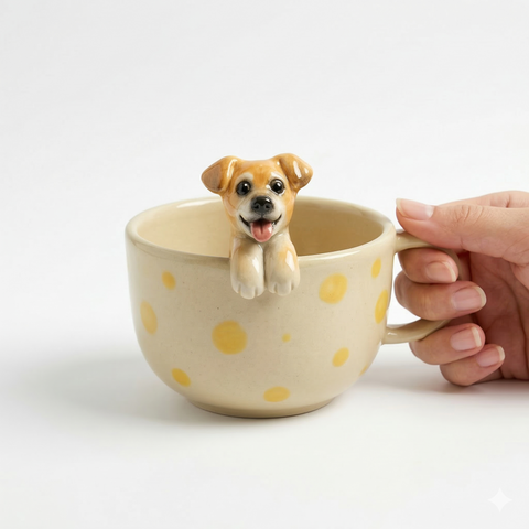 Ceramic mug with two miniature pet figurines placed inside the cup.