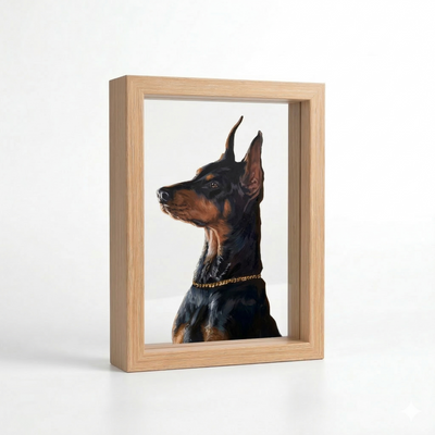 Hand-painted Doberman portrait displayed in a layered light wood frame with depth.