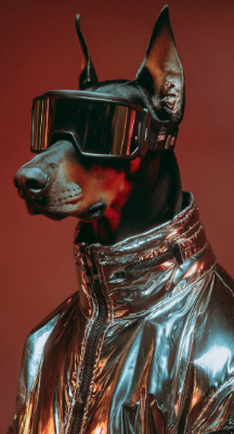 Dog wearing a shiny metallic raincoat and goggles on a red background