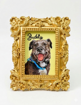 Hand-painted dog portrait in an ornate vintage-style gold magnet frame.