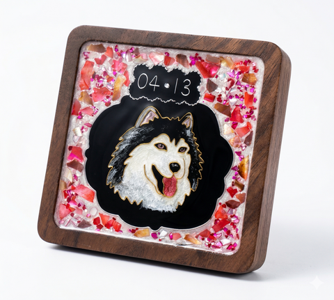 Decorative plaque with a dog's face and wooden frame on a white background