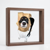 Hand-painted pet portrait in a layered walnut-toned wooden frame with a dimensional floating effect.