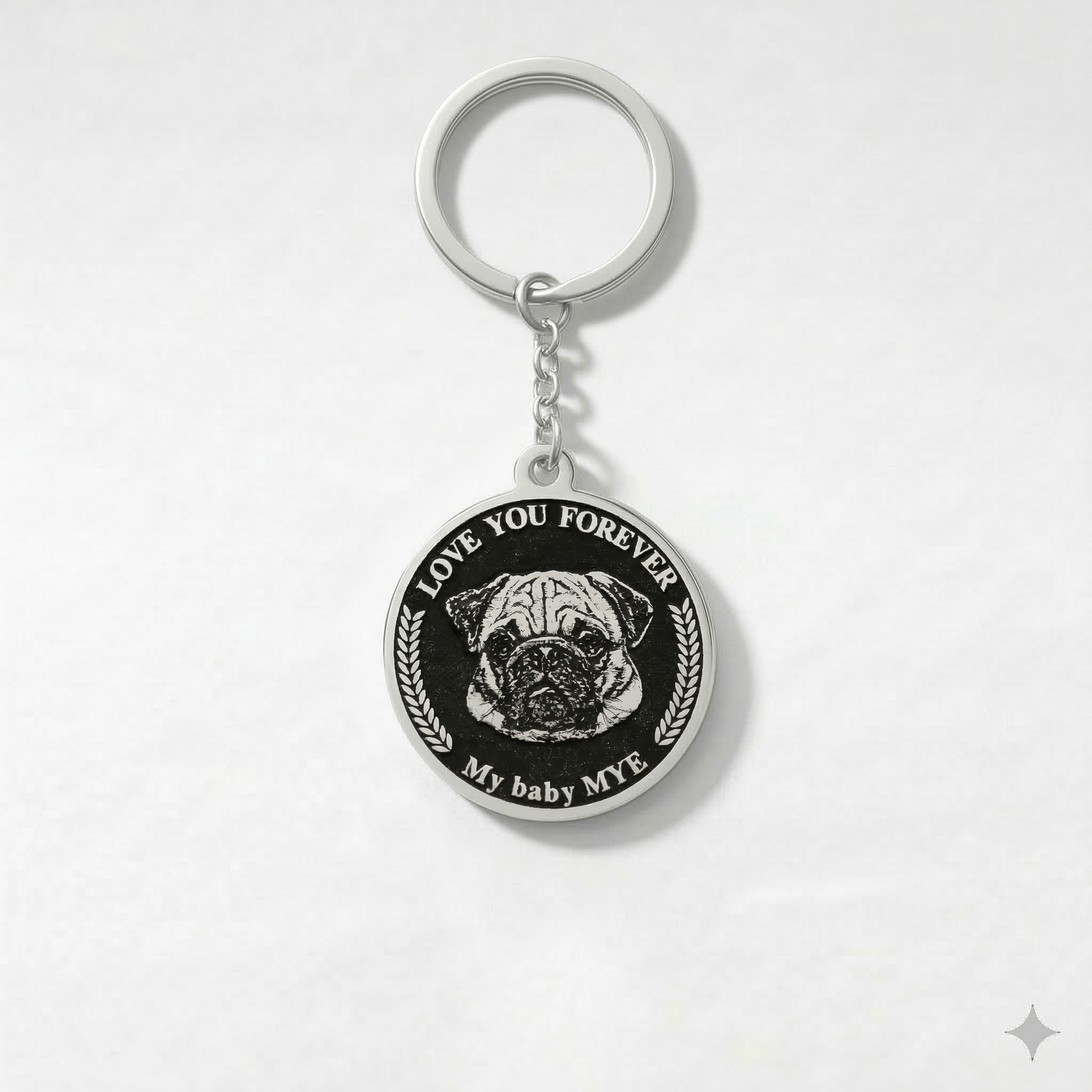 Custom sterling silver wavy edge pet portrait keychain close-up