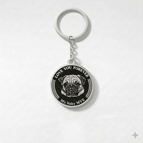 Custom sterling silver wavy edge pet portrait keychain close-up