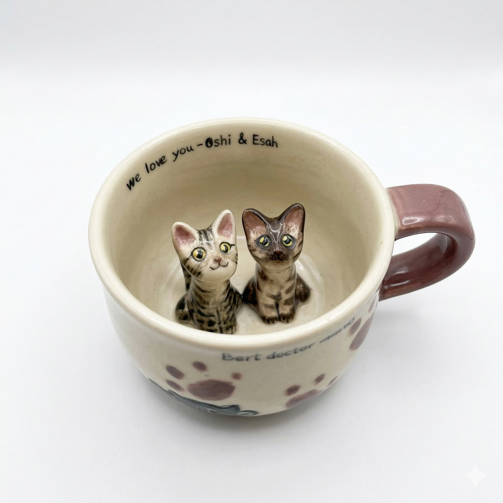 Polka-dot ceramic mug with a miniature dog figurine peeking over the rim.