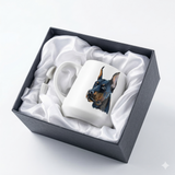 White ceramic mug in gift box with a hand-painted Doberman portrait.