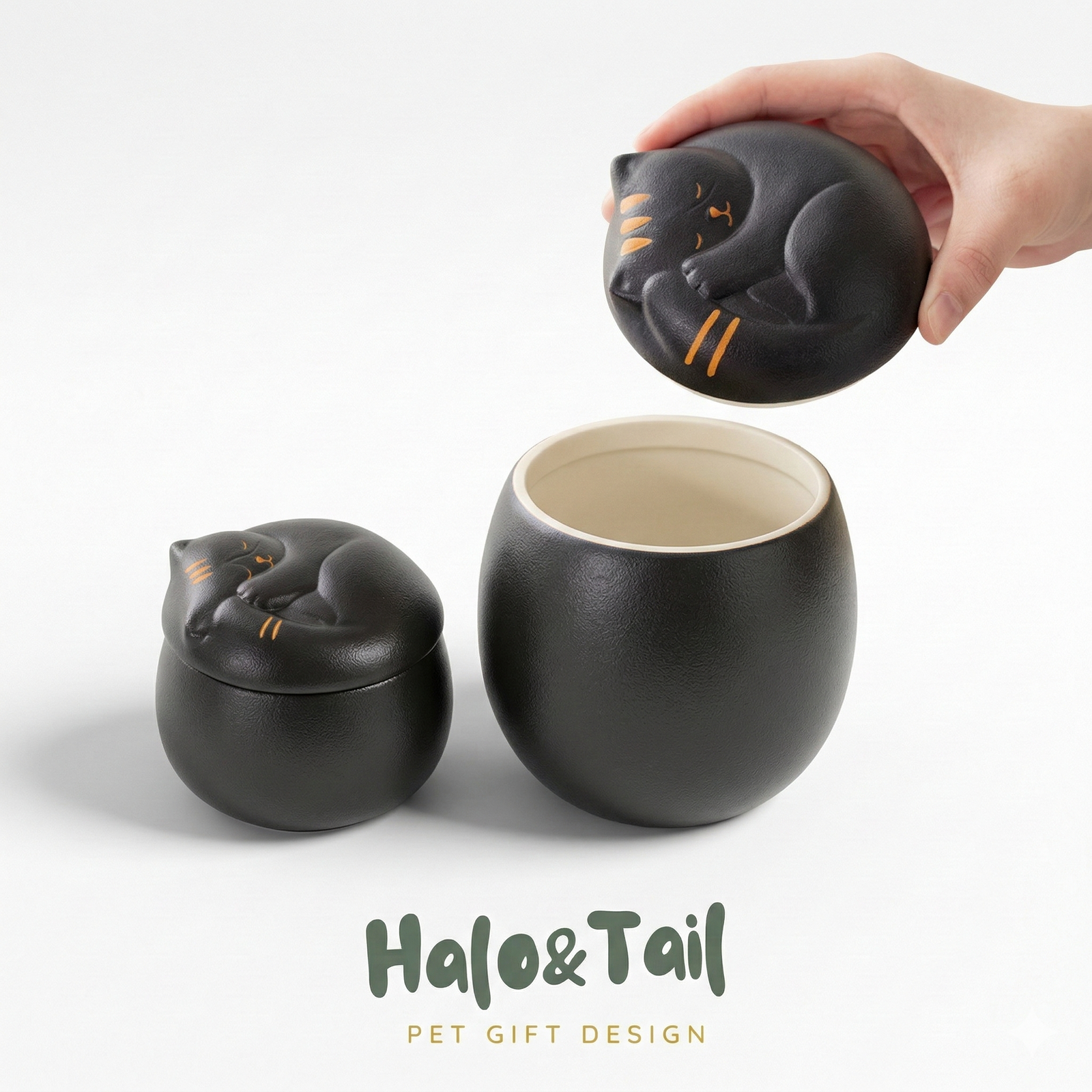 Ceramic dog memorial urn with sleeping angel wing design - Halo&Tail