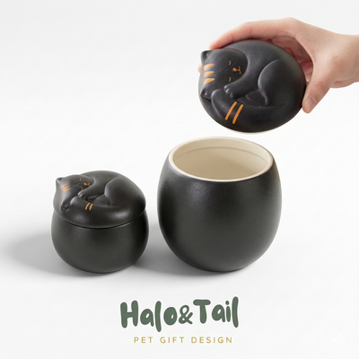 Ceramic dog memorial urn with sleeping angel wing design - Halo&Tail
