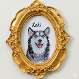 Hand-painted husky portrait in an oval vintage-style gold magnet frame.