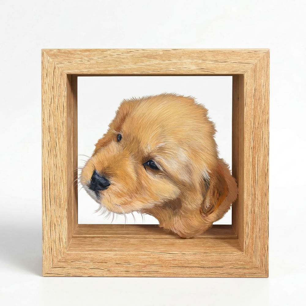 Hand-painted puppy portrait extending beyond a layered light wood frame.