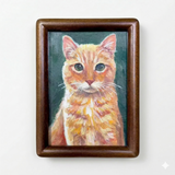 Hand-painted orange cat portrait in a dark wood style framed magnet.