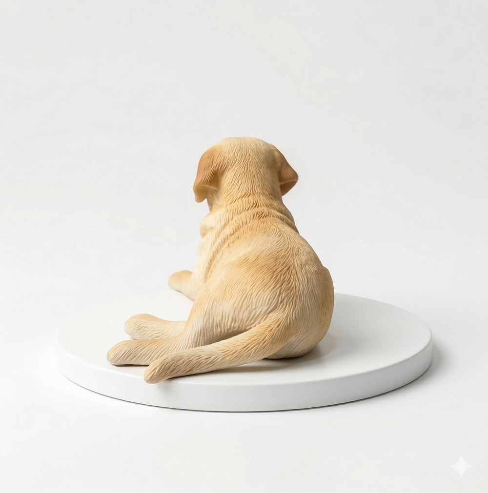 Custom realistic polymer clay pet figurine, yellow dog sculpture side view