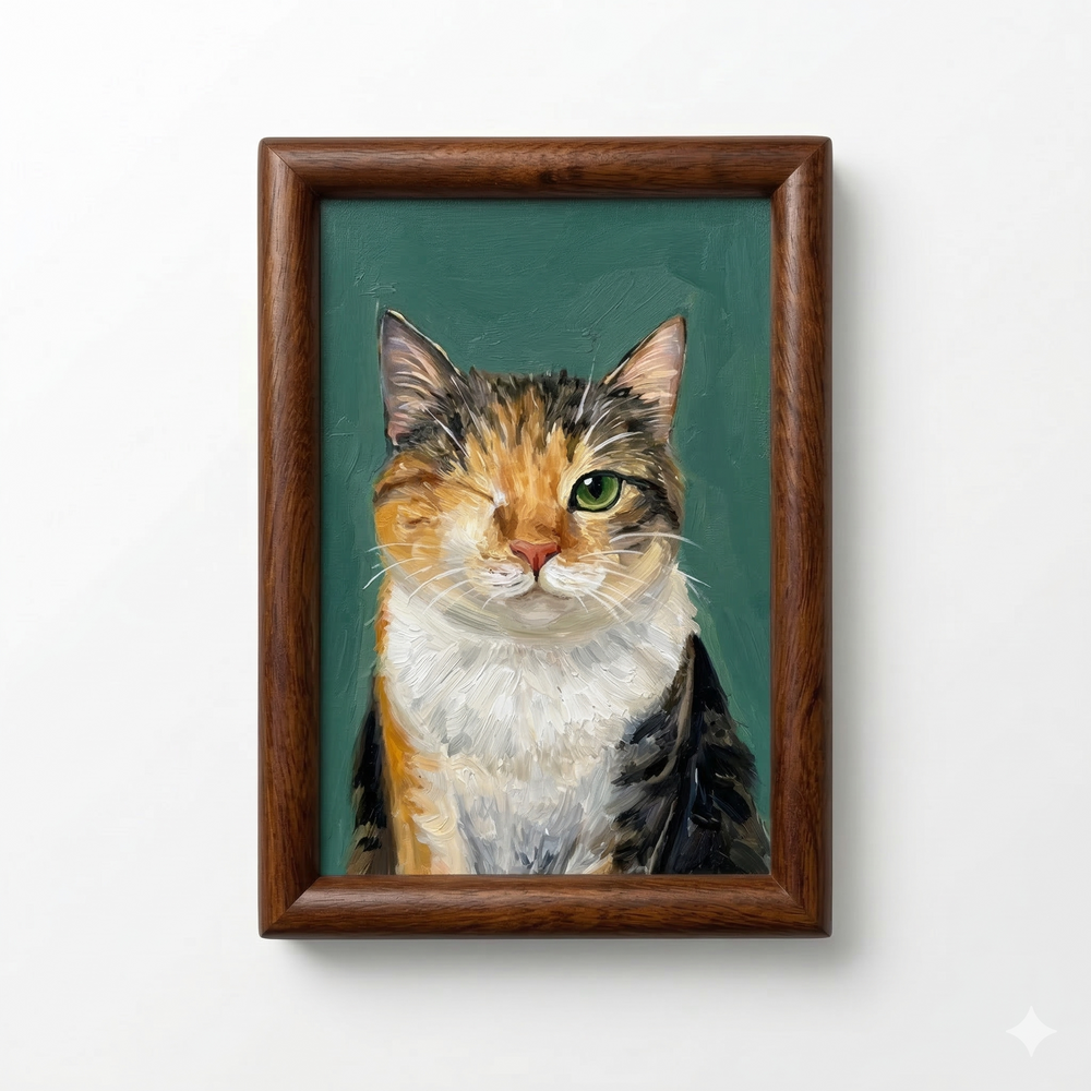 Hand-painted calico cat portrait in a dark wood style framed magnet.