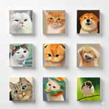 Grid of mini hand-painted pet portraits showing the square oil painting magnet style.