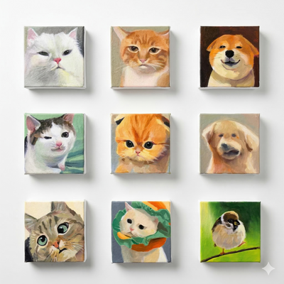 Grid of mini hand-painted pet portraits showing the square oil painting magnet style.