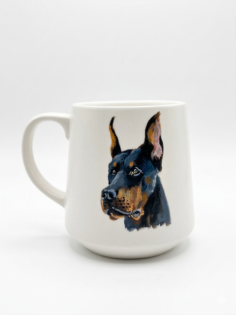 White ceramic mug with a hand-painted Doberman portrait.