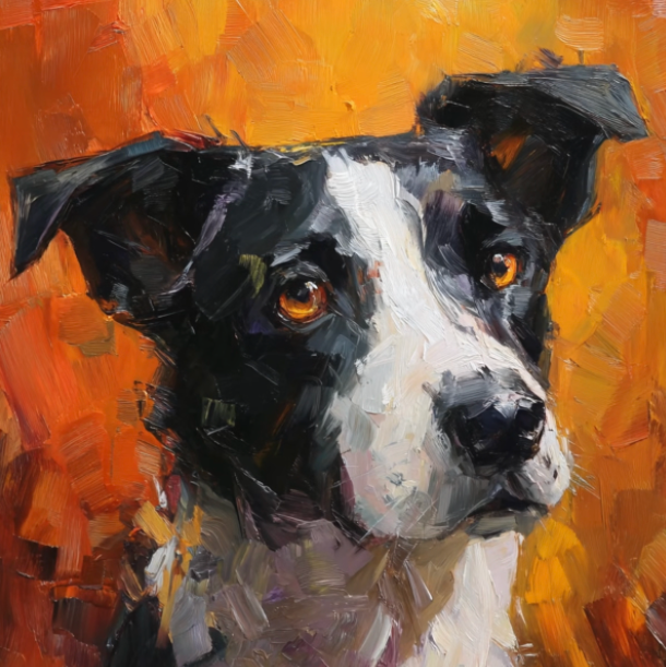 Painting of a black and white dog's face with an abstract orange and brown background