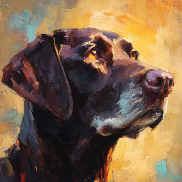 Painting of a dog's face with a colorful abstract background