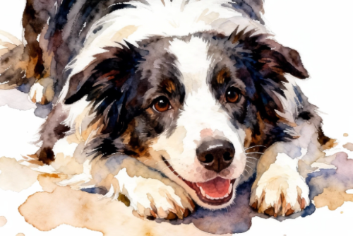 Artistic watercolor painting of a dog on a white background