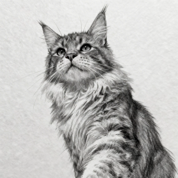 Detailed pencil drawing of a cat on a plain background