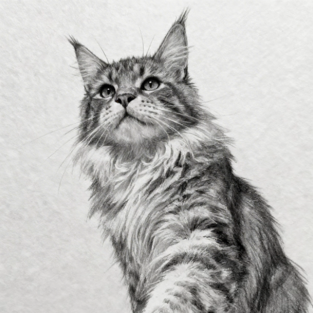 Detailed pencil drawing of a cat on a plain background