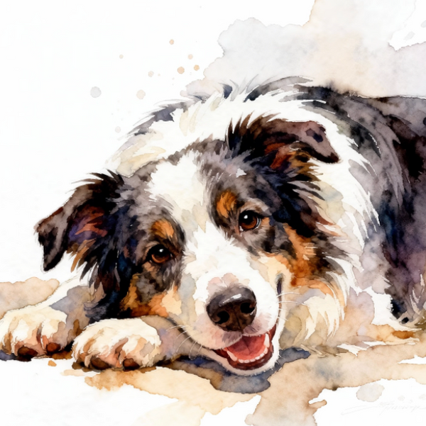 Artistic depiction of a dog lying down with watercolor texture